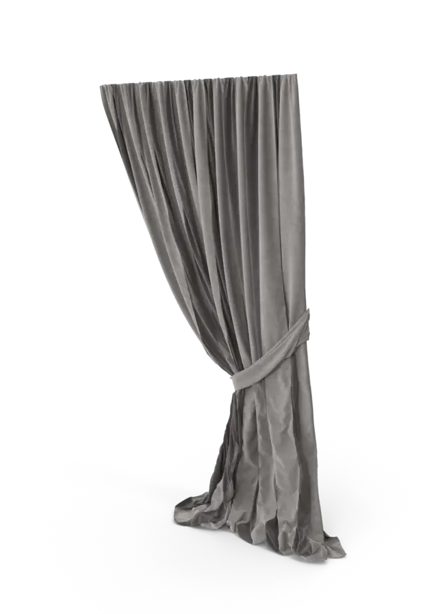Grey velvet curtain tied to one side with soft drape