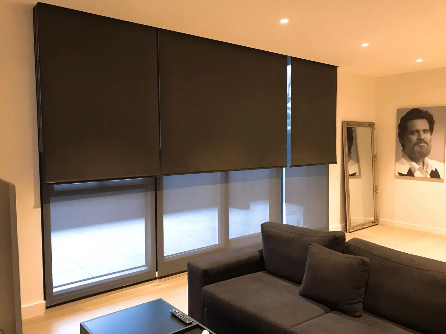 Modern living room with dual-layer roller blinds offering versatile light control.