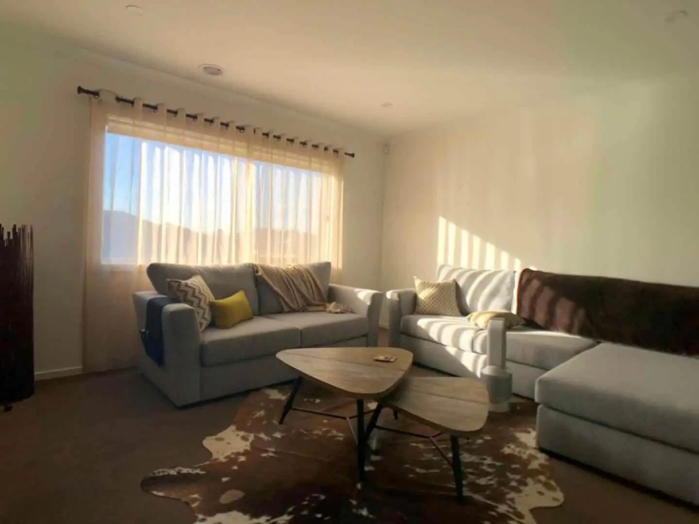 A bright living room features light gray sofas, a cowhide rug, and sheer curtains filtering sunlight.