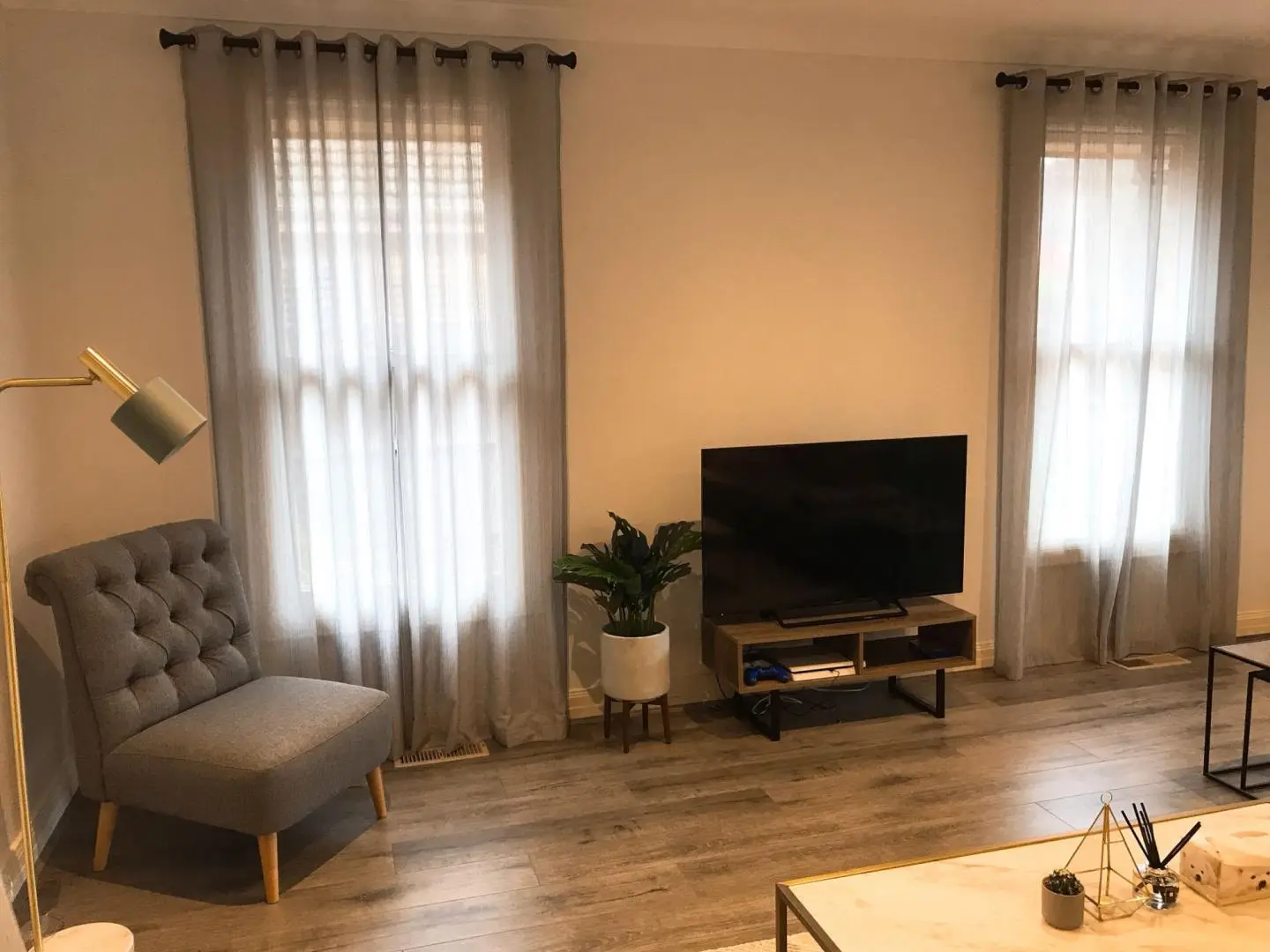 A modern living room with sheer curtains, a TV, and stylish furniture.
