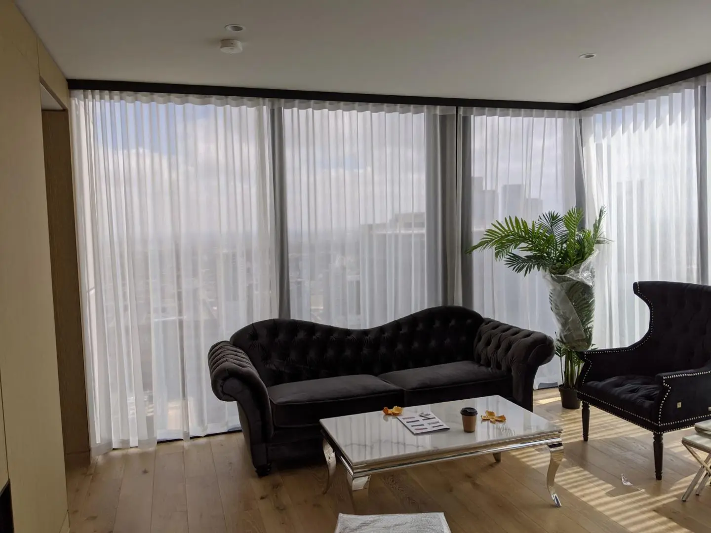Luxurious living room with sheer curtains, a sofa, and a stylish coffee table.