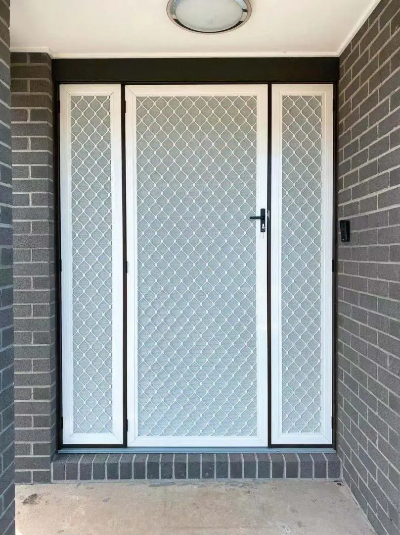 Diamond mesh security door on a modern home entryway.